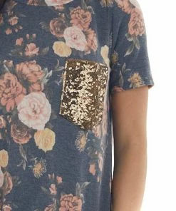 Lovely Melody Stormy Blue Floral Top With Gold Sequin Pocket