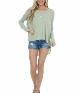 Entro Pistachio Long Sleeve High Low Knit Top With Woven Contrast 31 Entro Pistachio Long Sleeve High Low Knit Top With Woven Contrast