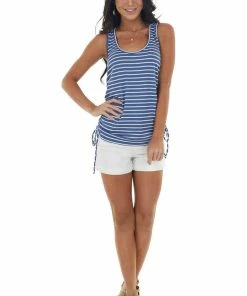 143 Story Catalina Blue Striped Sleeveless Top With Ruched Side Detail Tops 12 143 Story Catalina Blue Striped Sleeveless Top With Ruched Side Detail Tops