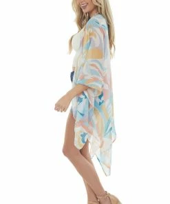 Entro Ivory And Sea Blue Printed Sheer Kimono