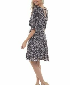 Staccato Navy Blue Leopard Print Surplice Half Sleeve Short Dress