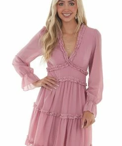 BiBi Dark Blush Sheer Sleeve Frill Tiered Dress Dresses