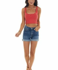 Emory Park Scarlet Sleeveless Knit Crop Top With Buttons Tops