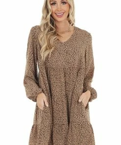 Cotton Bleu Latte Leopard Print Tiered Short Dress With Long Sleeves Dresses