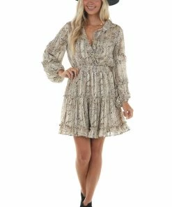Main Strip Champagne Snake Print Smocked Waist Mini Dress Dresses