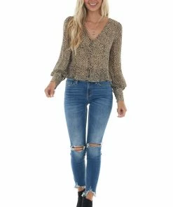 Mittoshop Taupe Leopard Print Button Up Peplum Blouse Tops