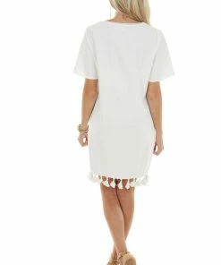 BiBi Dresses Off White V Neck Mini Dress With Short Sleeves