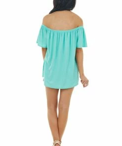 143 Story Tops Turquoise Off The Shoulder Button Down Textured Knit Top