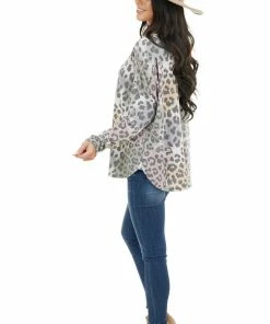 12PM Multicolor Tie Dye And Leopard Print Long Sleeve Knit Top
