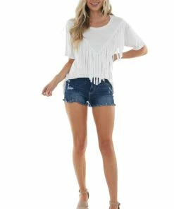 Jodifl Off White Short Sleeve Fringe Overlay Knit Top