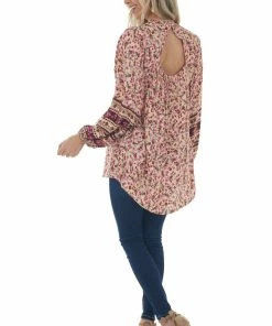 Umgee Tops Peach Floral Babydoll Bubble Sleeve Blouse