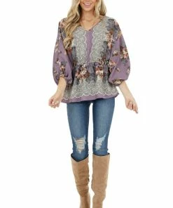 Hailey & Co Dark Lavender Floral Print Elastic Drop Waist Blouse
