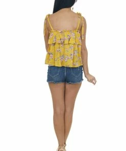 Fantastic Fawn Tops Marigold Floral Print Shoulder Tie Strap Tank