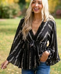 ANGIE Black Floral Print Drop Waist Top With Tie Tops 17 ANGIE Black Floral Print Drop Waist Top With Tie Tops