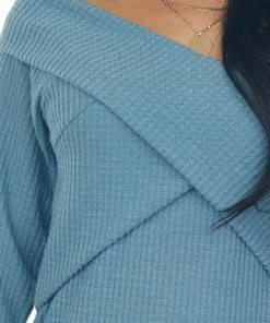 BiBi Tops Steel Blue Criss Cross Brushed Waffle Knit Top