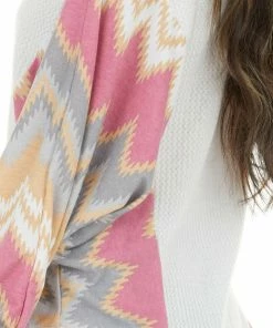 White Birch Off White Waffle Knit Top With Contrast Print Dolman Sleeves Tops