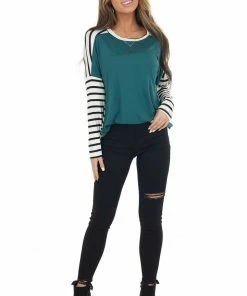 Lovely Melody Pine And Ivory Striped Long Sleeve Top With Solid Front