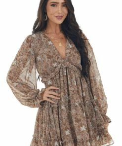 She + Sky Dresses Light Sepia Floral Mini Dress With Open Back
