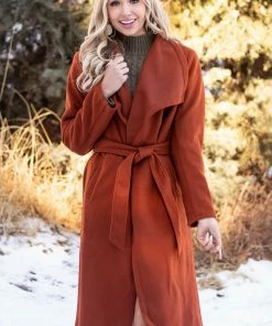 Hem & Thread Brick Red Heavy Knit Trench Coat With Waist Tie Detail Outerwear