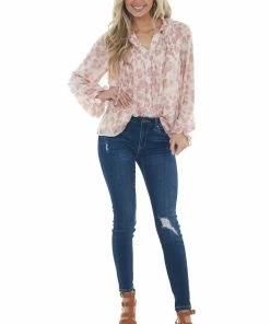 Entro Dusty Pink Long Sleeve Floral Button Up Blouse
