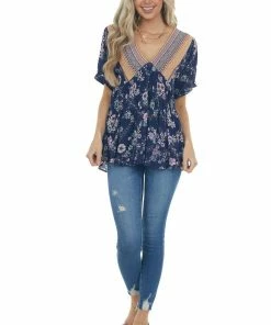 Davi & Dani Tops Rich Navy Multiprint Babydoll V Neck Woven Top 27 Davi & Dani Tops Rich Navy Multiprint Babydoll V Neck Woven Top