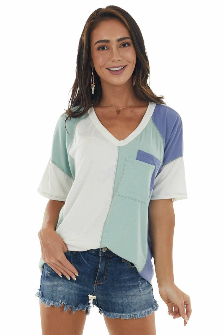 Vanilla Bay Sage And Blue Colorblock Double Pocket Tee 3 Vanilla Bay Sage And Blue Colorblock Double Pocket Tee