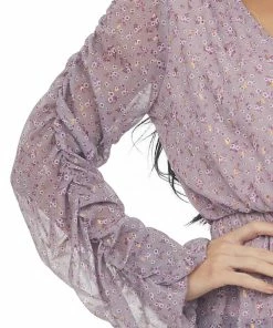 Peach Love Tops Mauve Floral Print Ruched Sleeve Peplum Blouse