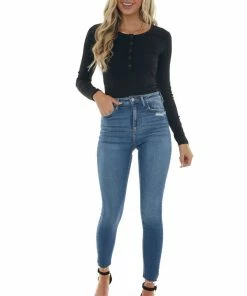 Entro Tops Black Ribbed Knit Bodysuit With Long Sleeves