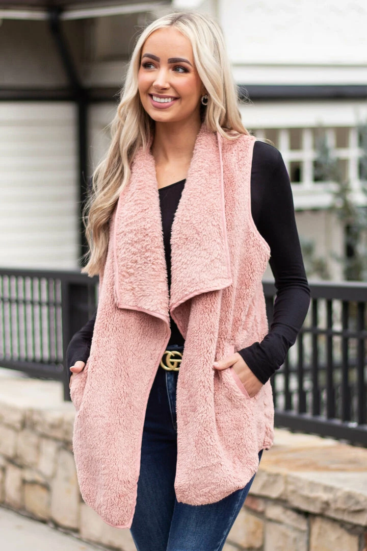 CY Fashion Dusty Punch Fuzzy Open Front Vest With Pockets Outerwear 11 CY Fashion Dusty Punch Fuzzy Open Front Vest With Pockets Outerwear