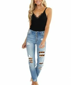 KanCan Bottoms Light Wash High Rise Boyfriend Jeans With Leopard Patches