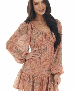 Flying Tomato Salmon Paisley Print Bubble Sleeve Mini Dress Dresses 29 Flying Tomato Salmon Paisley Print Bubble Sleeve Mini Dress Dresses