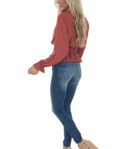 She + Sky Marsala Smocked Waist Bubble Sleeve Peplum Top Tops