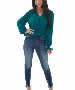 She + Sky Tops Pine Pleated Surplice Smocked Waist Blouse