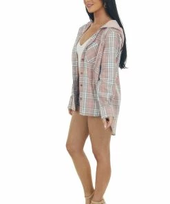 143 Story Dusty Blush Plaid Button Up Hoodie Shacket
