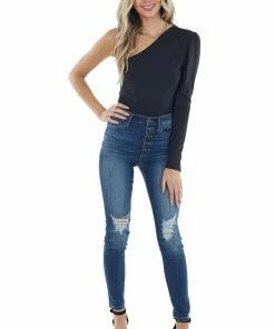 Entro Black Fitted Long Sleeve Bodysuit With One Shoulder Tops