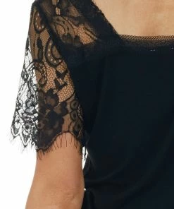 POL Clothing Tops Black V Neck Short Sleeve Top With Lace Detail