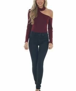 Lush Clothing Wine Mock Neck Cold Shoulder Top Tops