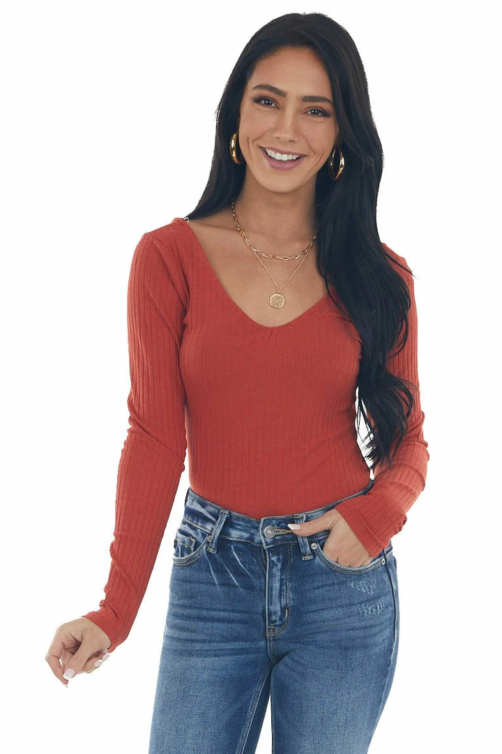 Heart & Hips Rust Stretchy Ribbed V Neck Fitted Bodysuit Tops 10 Heart & Hips Rust Stretchy Ribbed V Neck Fitted Bodysuit Tops