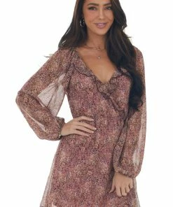Peach Love Dresses Plum Floral Dress With Metallic Threading