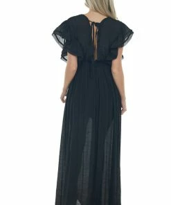 Peach Love Black Button Front Plunging V Neck Maxi Dress