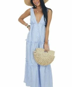 Vine & Love Cornflower And Ivory Striped Print Maxi Dress