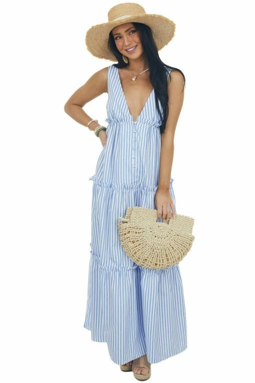 Vine & Love Cornflower And Ivory Striped Print Maxi Dress 12 Vine & Love Cornflower And Ivory Striped Print Maxi Dress