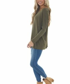 FSL APPAREL Tops Olive Long Sleeve Stretchy Knit Top With Boat Neckline