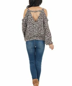 Peach Love Oatmeal Leopard Print Long Sleeve Top With Cold Shoulders Tops