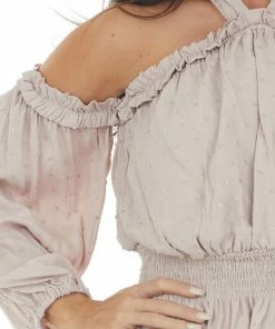 Peach Love Light Latte Swiss Dot Off Shoulder Halter Top Tops 33 Peach Love Light Latte Swiss Dot Off Shoulder Halter Top Tops