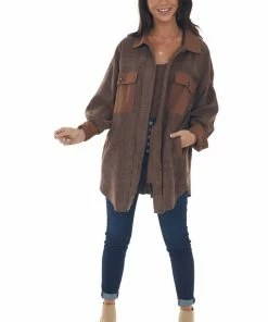 143 Story Coffee Contrast Oversized Corduroy Shacket Tops