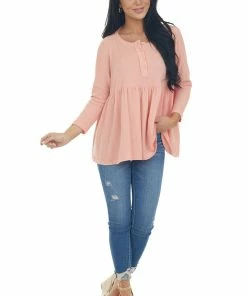 Ces Femme Tops Coral Babydoll 3/4 Sleeve Oversized Henley Knit Top