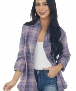 Blue B Lavender And Baby Pink Plaid Flannel Top Tops