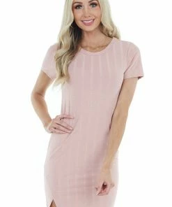Entro Dusty Rose Short Sleeve Mini Dress With Textured Stripes