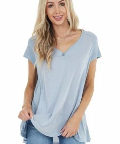 CY Fashion Powder Blue Short Sleeve Knit Top With Cornflower Contrast Tops 26 CY Fashion Powder Blue Short Sleeve Knit Top With Cornflower Contrast Tops